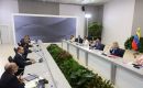 The government and opposition delegations during the first meeting at the La Carlota Convention Center in Caracas