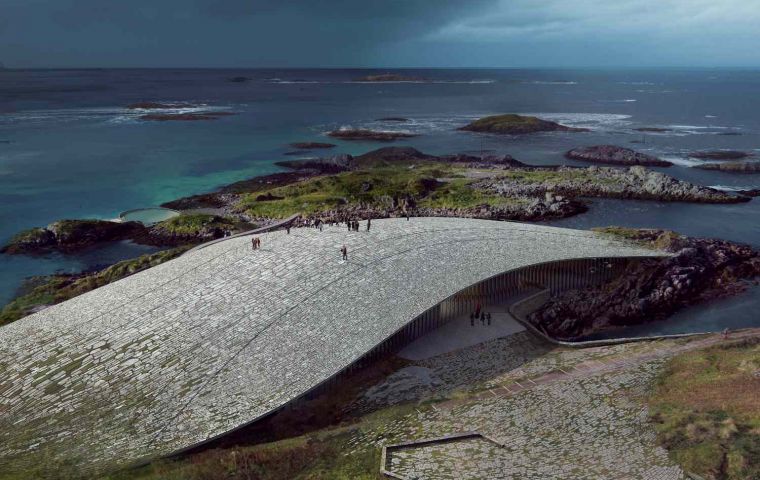 The low, curved concrete roof, which is covered in stones, doubles as a viewing platform, giving visitors a chance to spot the many species of whales
