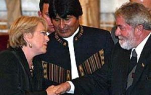 Pte  Morales with his counterparts Bachelet and Lula