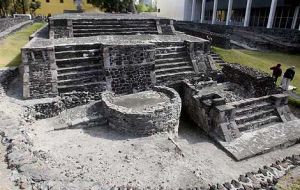 Ruins of the 800-year-old Aztec pyramid in the central Tlatelolco area of Mexico City.