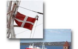 MV Dorada flying her new flag in Stanley Harbour