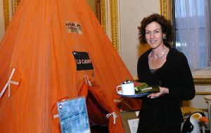 Foreign Office Minister Gillian Merron with a field tent during an event to celebrate the 50th Anniversary of the British Antarctic Treaty
