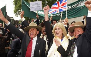 Gurkha campaigner Joanna Lumley celebrates with former Gurkha soldiers. Photo Sky News
