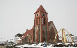 Christ Church Cathedral and Whalebone Arch, Stanley. Photo by Lisa Johnston