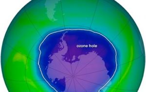 Ozone hole over the Antarctic continent