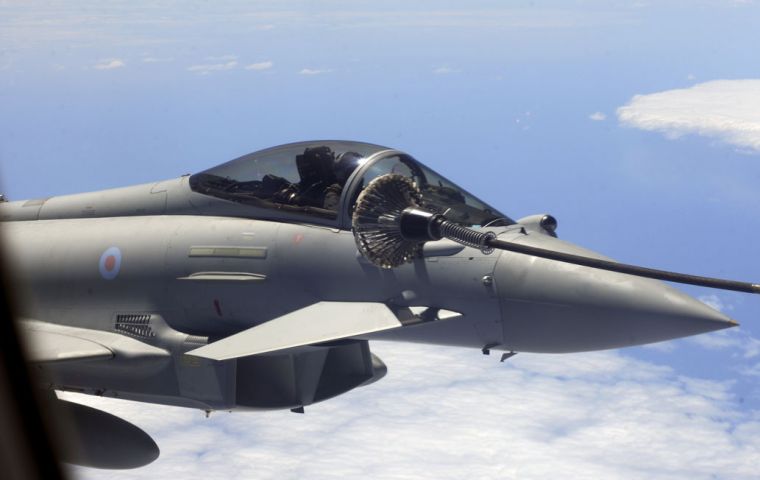 Typhoons undergo air-to-air refuelling en route from Ascension Island to the Falkland Islands