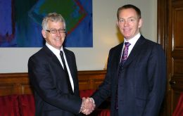 Foreign Office Minister Chris Bryant holds a bilateral meeting with Dick Sawle, Member of the Falkland Islands Legislative Assembly in London