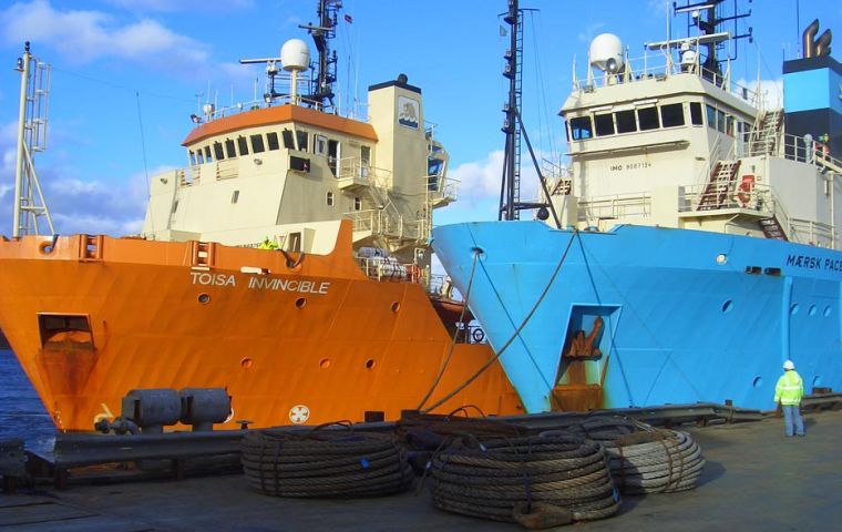 Oil rig support vessels, “Maersk Pacer” and “Toisa Invincible” in Stanley