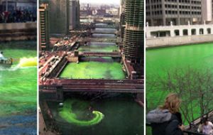 The Chicago River is dyed green each year for the St. Patrick's Day celebration