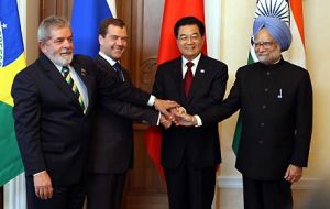 The four BRIC leaders, Lula da Silva, Dmitry Medvedev, Hu Jintao and Manmohan Sing