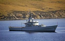 HMS Dumbarton Castle, out of service since 2005, sailing in Falklands’ waters 