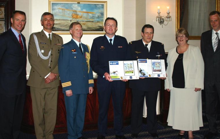 Air Attachè’s from USA, Poland, Canada and France join Moira Eccles (Postmaster Falklands) & Tim Underwood (Creative Direction) to present Falkland Islands and Ascension Islands London 2010 stamp issu