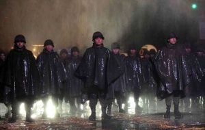 Actors dressed as soldiers perform the Malvinas war chapter during the Bicentenary commemoration