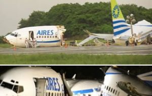 The remains of the Boeing 737-700 on the San Andrés airport runway 