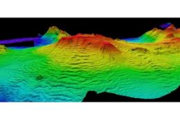 Bathymetric map showing submarine volcanoes around Zavodovski Island and numerous seamounts and sediment waves in the foreground (Image BAS)
