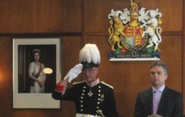 New Falklands Governor during swearing-in ceremony, flanked by Chief Executive, Mr Tim Thorogood 