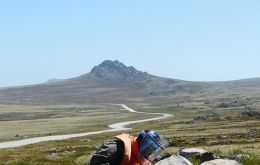 De-mining expert working in Falklands’ peaty soil in search of minimum metal mines (Photo by Kev Bryant.)