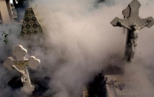 Graves are fumigated in the General Cemetery of San Salvador. (Photo AP)