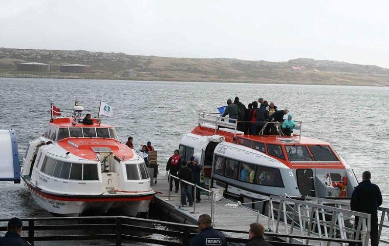 Cruise passengers landing at Stanley during a busy call 