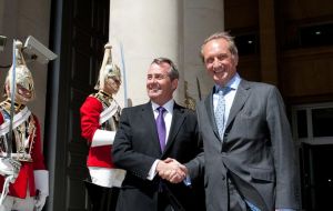 Dr Liam Fox (left) shakes hands with French Defence Minister Gérard Longuet outside the UK Ministry of Defence headquarters in London (Photo MoD)