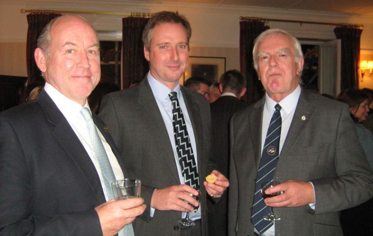 HMS Fearless veterans former Lieutenant Ian Craik and former Sub Lieutenant Philip Thicknesse (now Commodore and Commander British Forces Falkland Islands) with Falklands MLA Roger Edwards