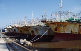 Off-season jiggers lined up in the port of Montevideo
