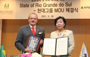 Hyun Jeong-eun, chairwoman of Hyundai Group, and Governor Tarso Genro (L)
