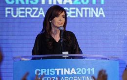 The Argentine president celebrates at her party’s headquarters  