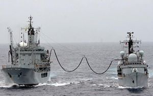 The Fortress of the Seas at Grytviken (R) with tanker RFA Black Rover