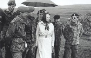 Margaret Thatcher during one of her visits to the Falklands following the conflict  
