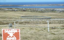 Sappers Hill Corral, the large stone-walled corral, a Falklands’ landmark, remains behind minefield fences.