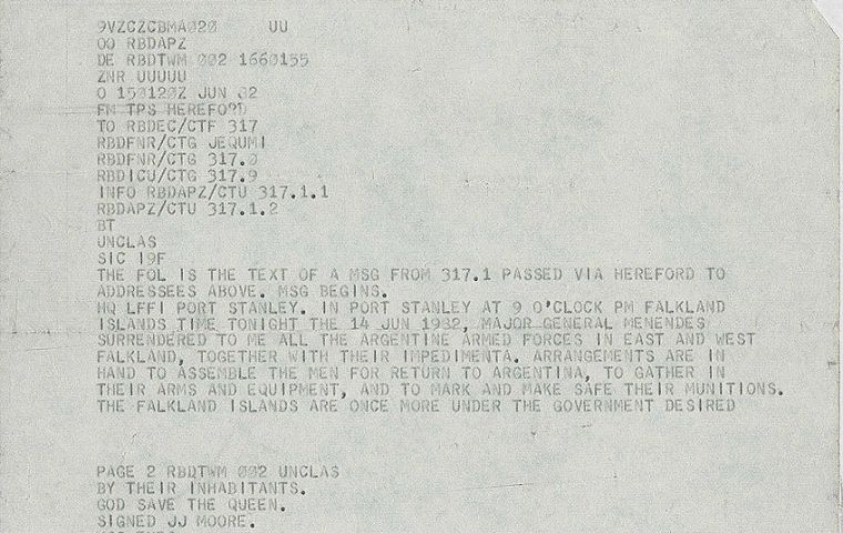 “The Falkland Islands are once more under the government desired by their inhabitants. God save the Queen” said the telex sent by Major General Jeremy Moore