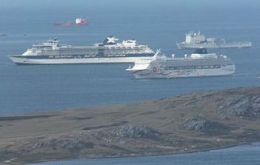 Cruise vessels in Stanley during a busy visit (Photo by Donald Morrison)