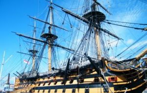 The Royal Navy's oldest commissioned vessel, Lord Nelson's flagship HMS Victory, at Portsmouth Historic Dockyard 