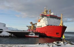 HMS Protector at BAS Rothera station where she unloaded supplies and much needed aviation fuel  (Photo: Navy News)