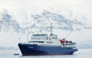 M/V Plancius docked in South Georgia after experiencing mechanical problems 