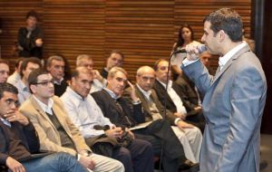 The nationalized YPF CEO addressing workers in Comodoro Rivadavia