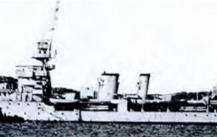 HMS Dauntless at anchor in Stanley harbour in November 1933