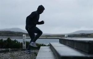 Argentine midfielder Fernando Zylberberg training at the Battle of the Falklands’ monument in Stanley 