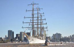 Flagship of the Argentine navy with all its ceremonial sails displayed 