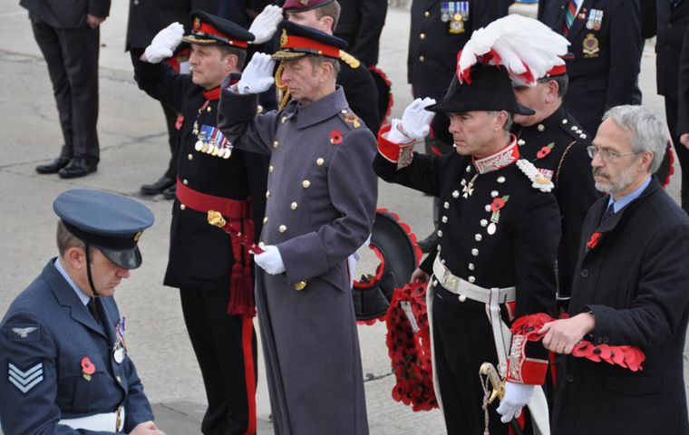 From left. Brigadier Bill Aldridge (Commander BFFI), HRH The Duke of Kent, representing HM the Queen, HE the Governor Mr. Nigel Haywood CVO., The Hon. Barry Elsby Member of the Legislative Assembly