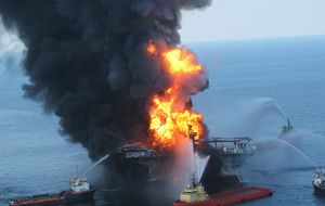 The BP Deepwater Horizon oil rig ablaze. Image: U.S. Coast Guard.

