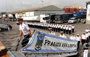 Sailors boarding ARA Libertad, frigate  is expected to arrive in Mar del Plata on January 9th.