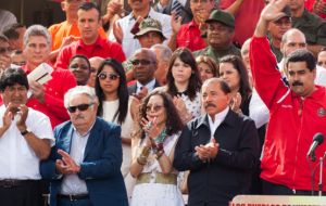 Evo Morales, Jose Mujica, Daniel Ortega and Nicolas Maduro, the forward line at the rally