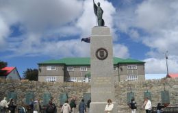 Liberation Monument in Stanley which honours those fallen in the recovery of the Falklands 14 June 1982