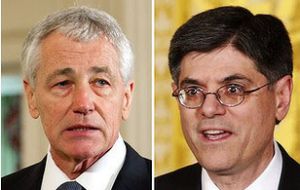 Next Treasury Secretary Lew (R) has fans among Republicans but Hagel (L) arrives at the Pentagon quite bruised  