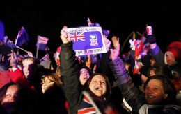 Falkland Islanders gathered despite freezing temperature to celebrate at the Arch Green next to Stanley’s cathedral (Pic Reuters)