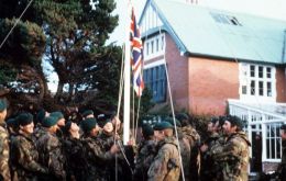Seventy four days after invasion day Argentine troops surrendered and the Union Jack is hoisted at the Governor’s residence
