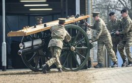 Kings Troop Royal Horse Artillery preparing the gun carriage for Lady Thatcher's funeral 