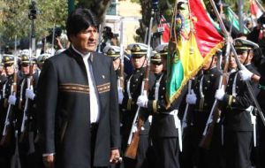 President Evo Morales inspecting a formation of the Bolivian Navy